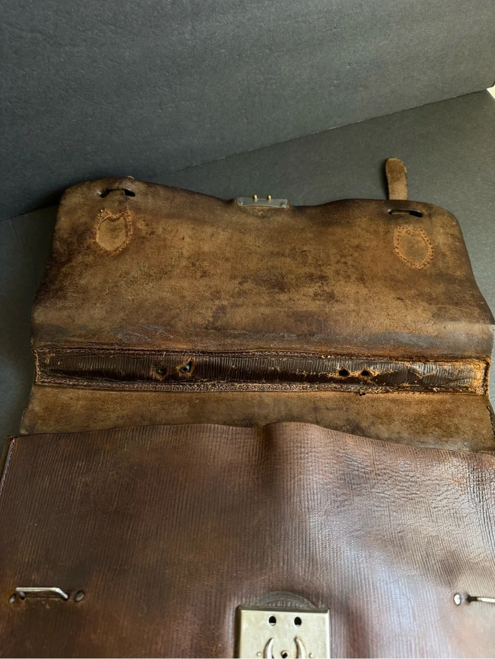 Vintage 1940s Briefcase French Attaché Case Dark Brown Ribbed Distressed Leather